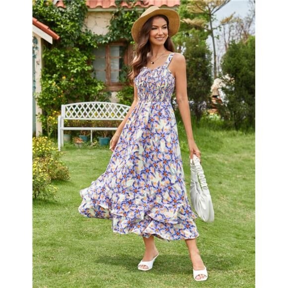 Women's Summer Floral Boho Dress Square Neck 05 - Picture 2 of 7